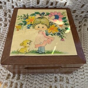 Rosalco Jewelry Music Box Brown Girl Puppy Floral Vintage Commodore Collection